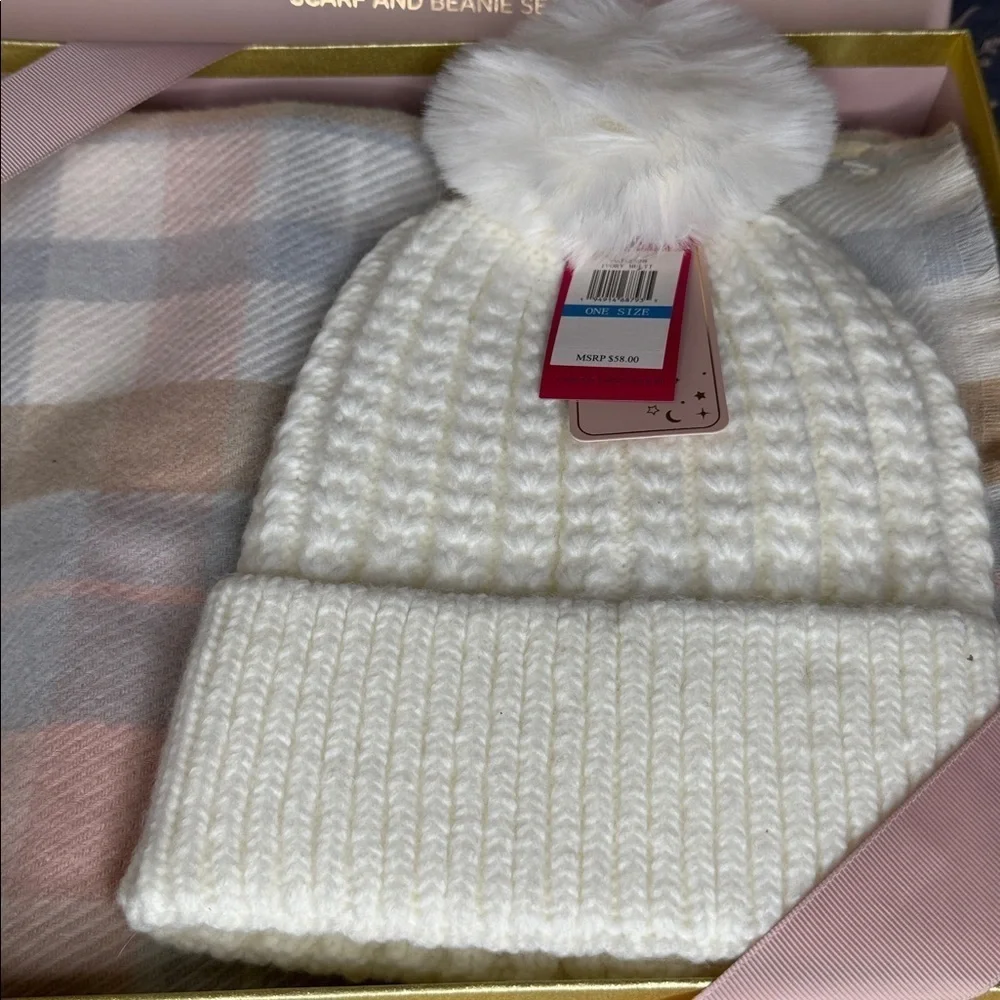Vince Camuto White Beanie and Pastel Plaid Scarf Set